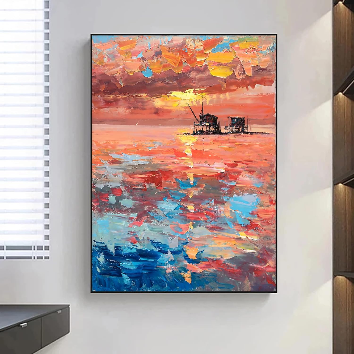 Paintings - Abstract Oil Painting on Canvas Pink Blue Orange Abstract Wall Art Sunset Landscape Art Texture Pictures Colorful Landscape Oil Painting Pink Orange Art Modern Abstract Colorful Poster 16x24in No Frame