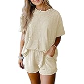 SHEWIN Two 2 Piece Sets for Women Short Sleeve Shirts High Waisted Shorts with Pockets Pajamas Lounge Matching Set