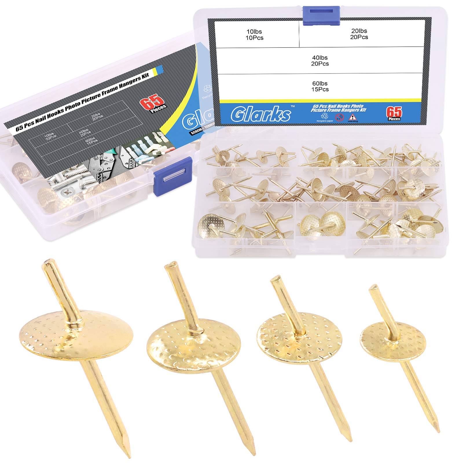 Glarks 65Pcs Assorted 10lbs 20lbs 40lbs 60lbs One Step Hangers Set, Quick Photo Picture Frame Hangers Alloy Nail Hooks Plaster Picture Hanging Kit for Clock, Mirror on Wooden Drywall