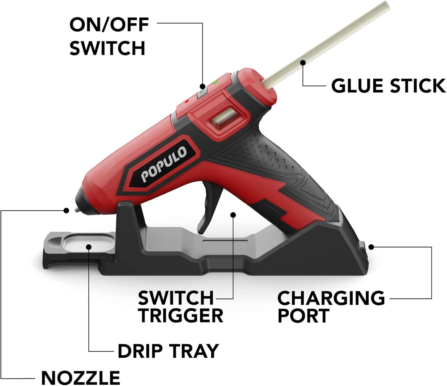 POPULO Hot Glue Gun Kit, 3.6v Cordless Glue Gun Rechargeable with Stand, Wireless Mini Hot Glue Gun with 26 Pcs for Home Quick Repairs, School DIY Arts and Crafts Projects.