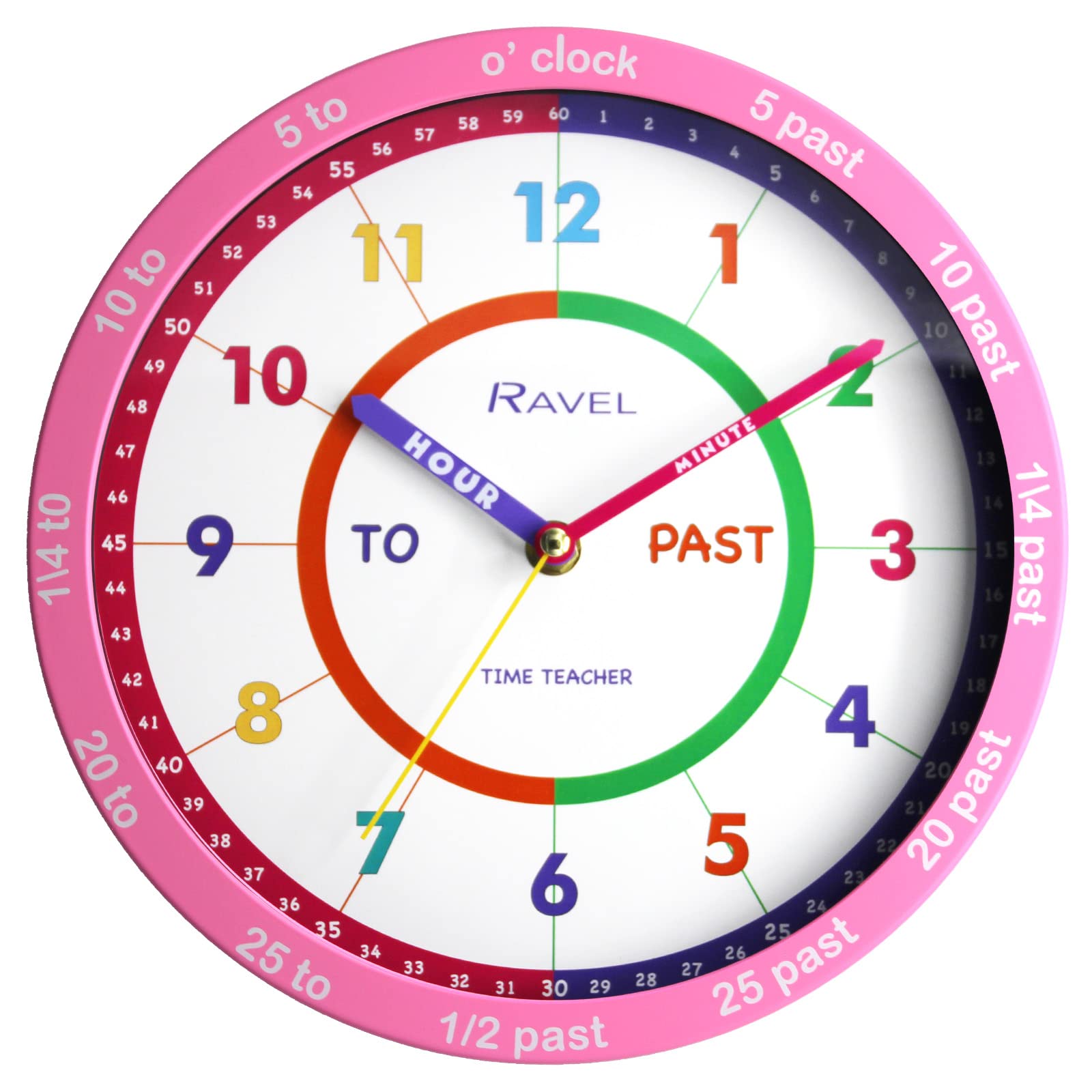 Ravel Children's 25cm Time Teacher Wall Clock - R.KC.08 - Analogue Quartz - Pink