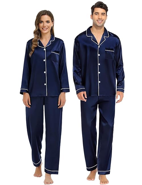 SWOMOG Family Matching Pajamas Set Silk Satin Button Down Sleepwear Long Sleeve Nightwear 2 Pcs Pj Set Women Deep Navy Blue X-Large