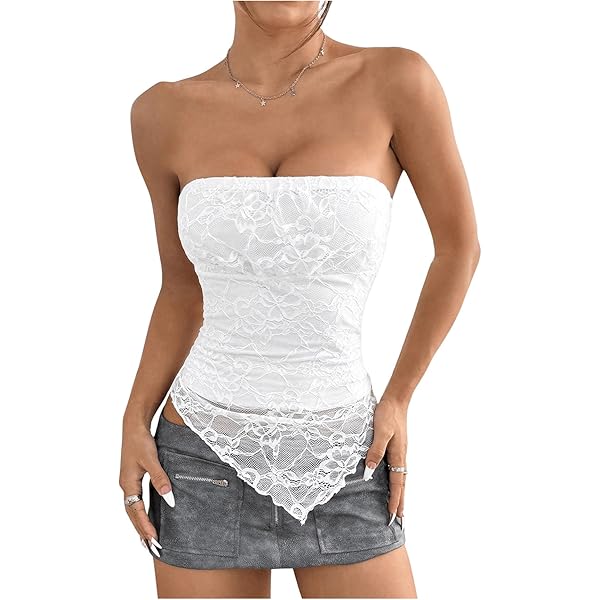 SHENHE Women's Lace Bandeau Top Sheer Strapless Sexy Backless Y2k