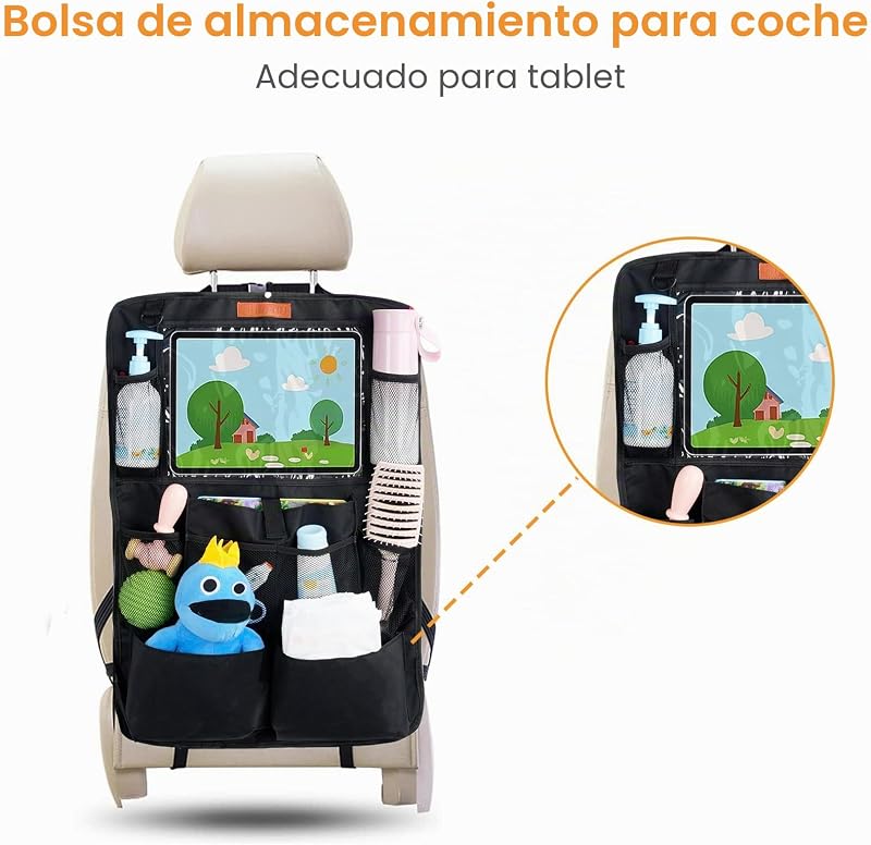 Protector Asiento Coche Organizador Multi-Bolsillos de Gran Capacidad con Almacenamiento para Tablet, Juguetes, Libros y Vasos, Oxford Impermeable para Niños, Negro SURFOU