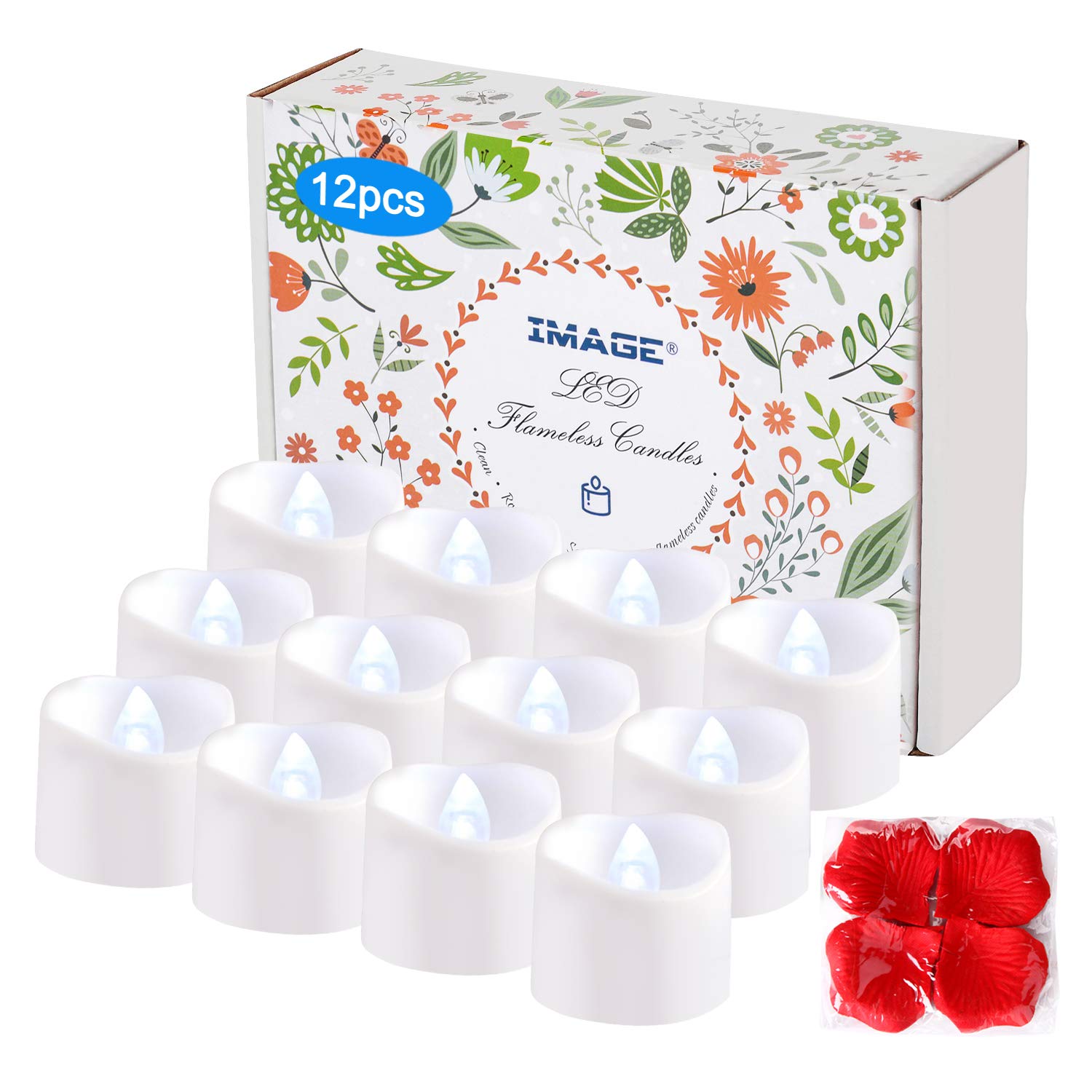 IMAGE Tea Lights 12Pcs LED Tealight Candles with Timer Flickering Battery T-Lights with 100pcs Decorative Fake Rose Petals for Christmas Halloween Wedding Birthday Anniversary, Cool White