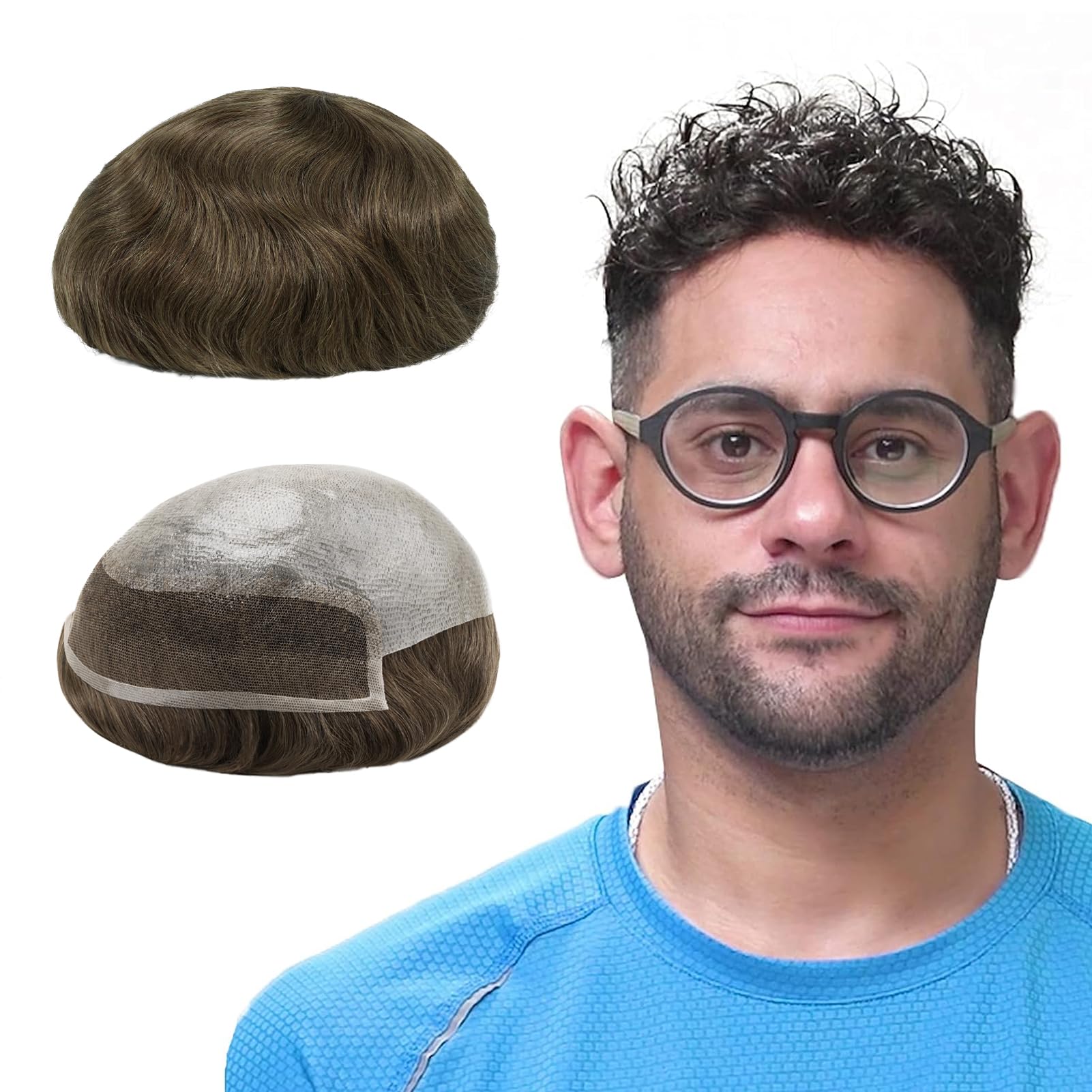Lordhair Human Hair System for Men, 0.08mm Super Thin Skin Men's Toupee with French Lace Front, Base Size 8x10 inch Medium Density Hairpiece for Hair Loss Men