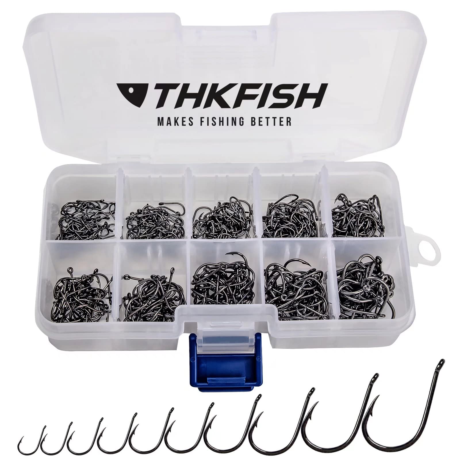 THKFISH Fishing Hooks, 500Pcs #3~#12 10 Sizes Saltwater Freshwater Black Fishing Hooks Comes with Retail Carrying Box Fishing Tackle set