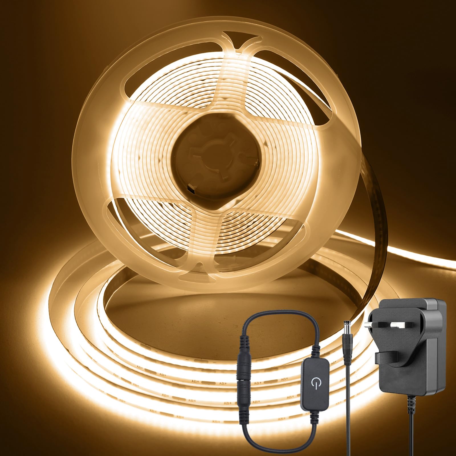 ShineBurky Warm White 3000K COB LED Strip Lights, 5M High Bright Cuttable Tape Lights with Plug, 12V Dimmable CRI93+ Flexible Light Kit for TV Backlight Bedroom Cabinet Kitchen Mirror Shop Lighting