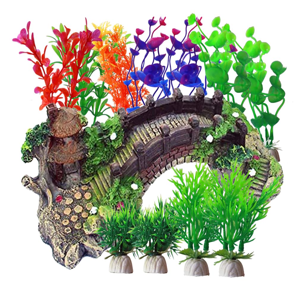 Kingrun Aquarium Ornament Plants with Resin Arch Bridge, 12pcs Aquariums Plants Plastic and Aquarium Decorative Pavilion Tree Bridge for Fish Tank Ornament Decoration