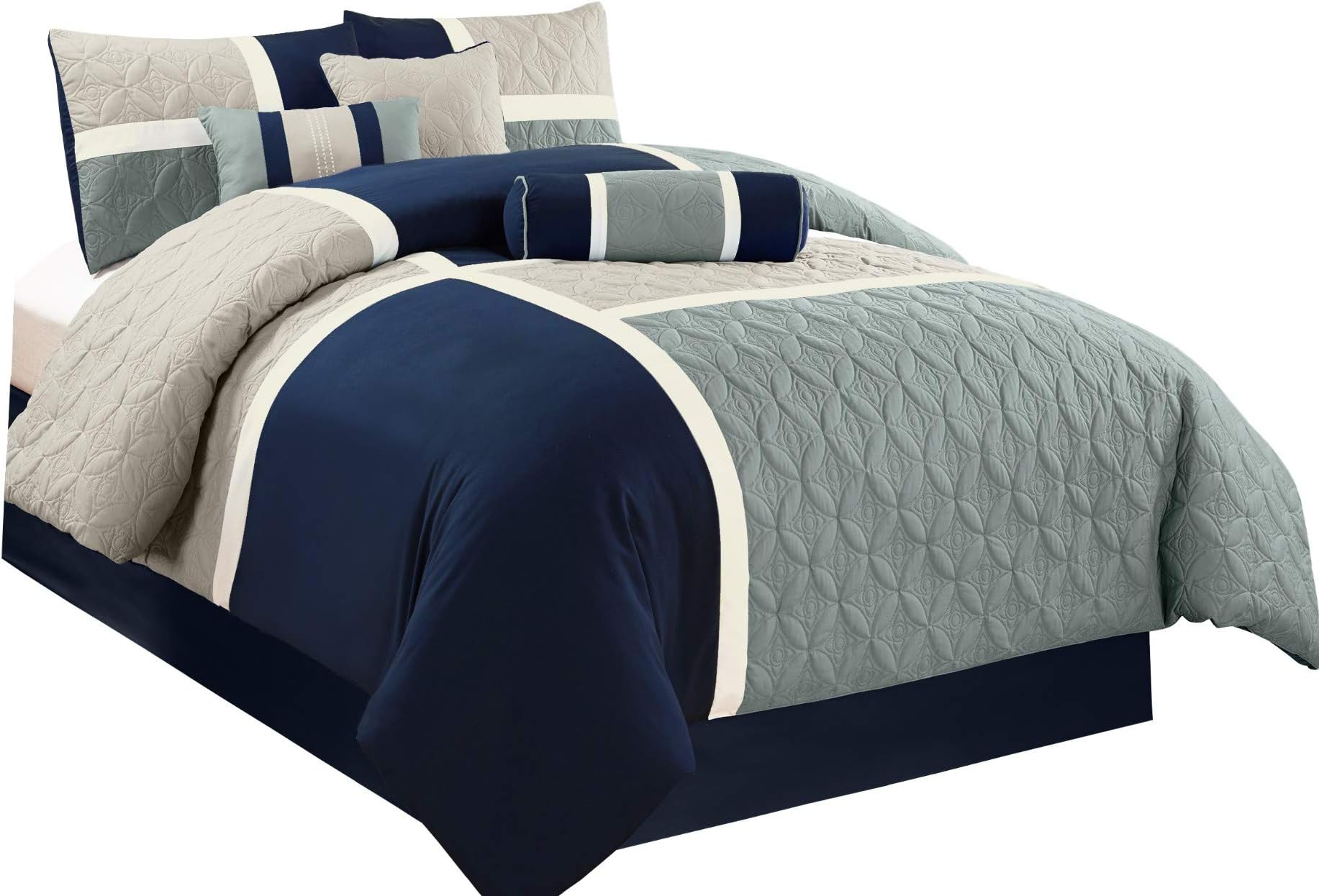 Chezmoi Collection 7-Piece Quilted Patchwork Comforter Set (Queen, Blue/Gray)