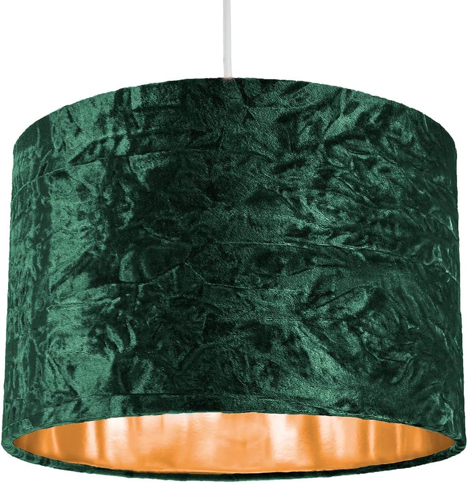 Modern and On-Trend Forest Green Crushed Velvet Fabric 12" Table or Pendant Circular Drum Lampshade with Shiny Copper Inner - Image 4
