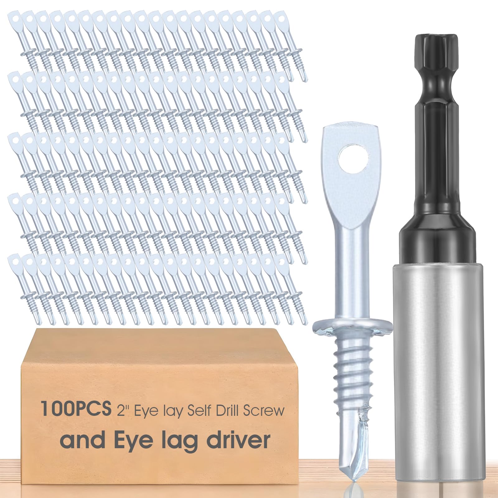 Photo 1 of 100 Pcs 2" Eye Lag Self Tapping Drilling Point Screw Zinc and 1pcs 2-5/8" Driver, Sturdy Eye Lag Self Drill Screw for Accommodates Jack Chain Ceiling Wire or Threaded Rod