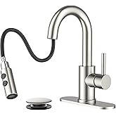 FORIOUS Bathroom Faucet 1 Hole with Pull Down Sprayer, 3 Hole Brushed Nickel Bathroom Sink Faucet with Pop Up Drain for RV Bar Laundry Vanity Utility Sink Remodel, Single Handle Design