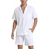 RPOVIG Linen Shirt Short Outfits:Men's Beach 2 Pieces Casual Button-Down Sets