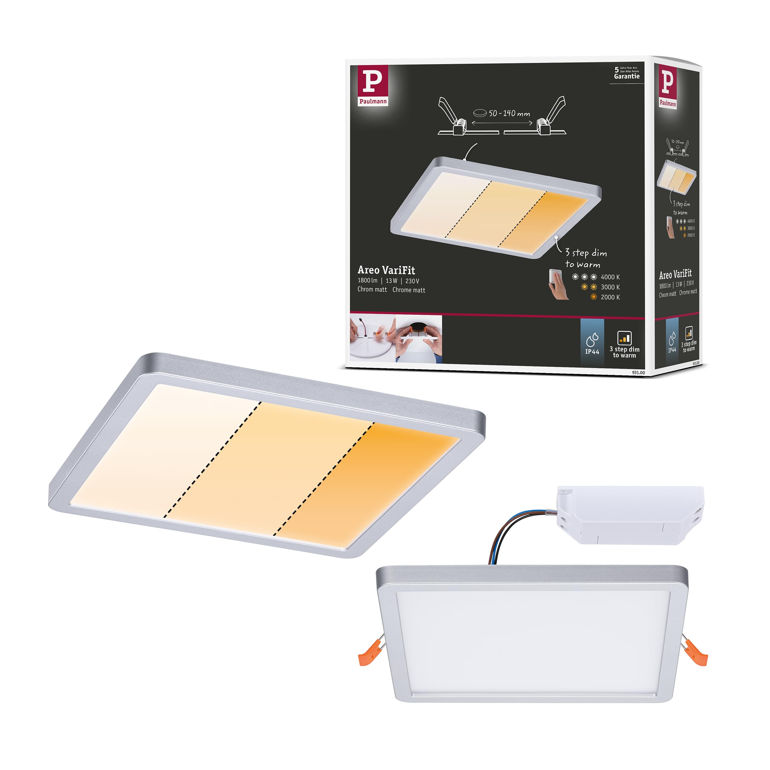 Paulmann 93100 recessed LED panel Areo IP44 175x175mm 3-Step-Dim rect. incl. 1x13W Dimmable Warm white Chrome matt Plastic Ceiling luminaire 2000K