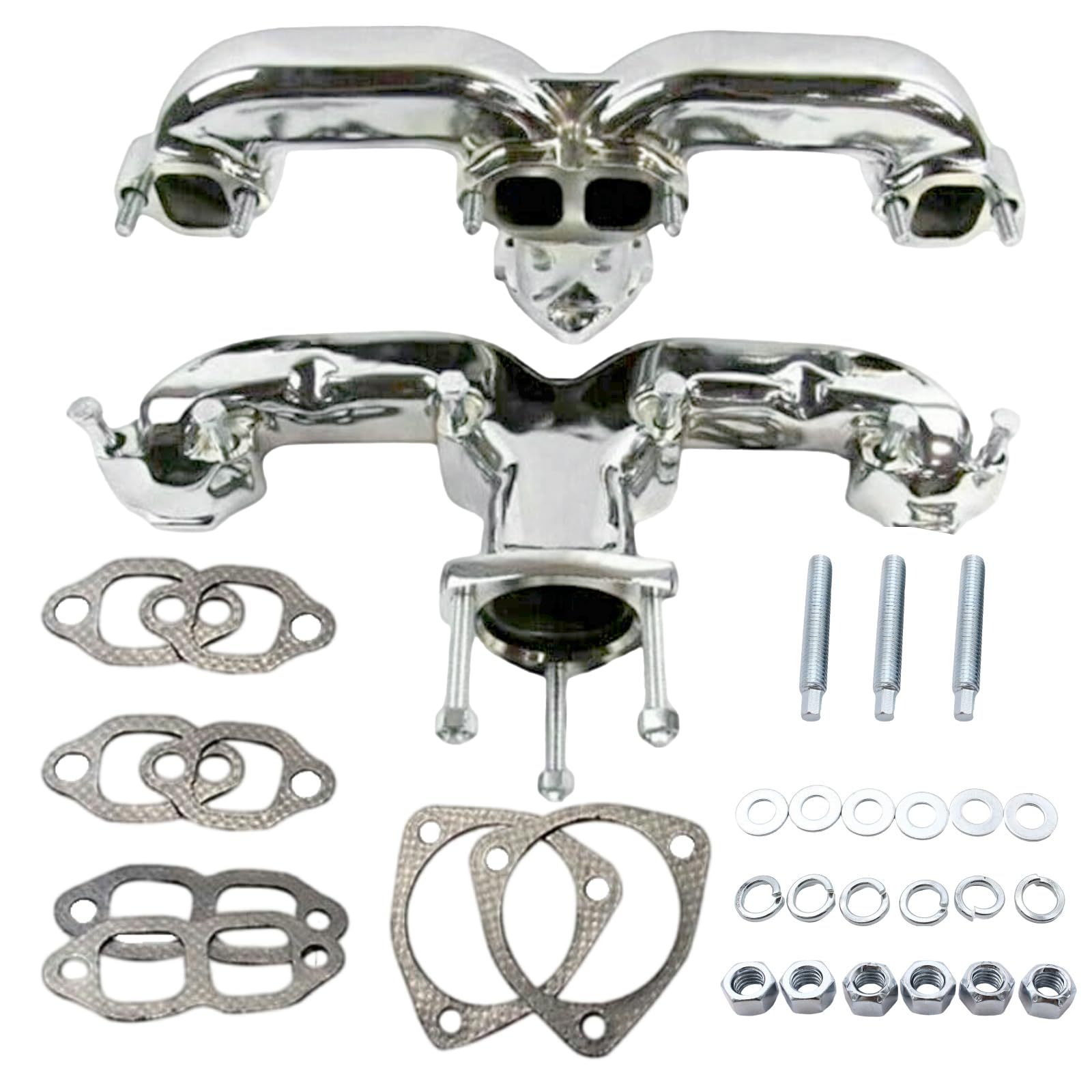 Photo 1 of ***FACTORY SEALED*** YUCHENSHLP 1 Set Polished Chrome Rams Horn Exhaust Manifolds With all gaskets and hardware Compatible with Small Block Chevy SBC 283 305 327 350 400