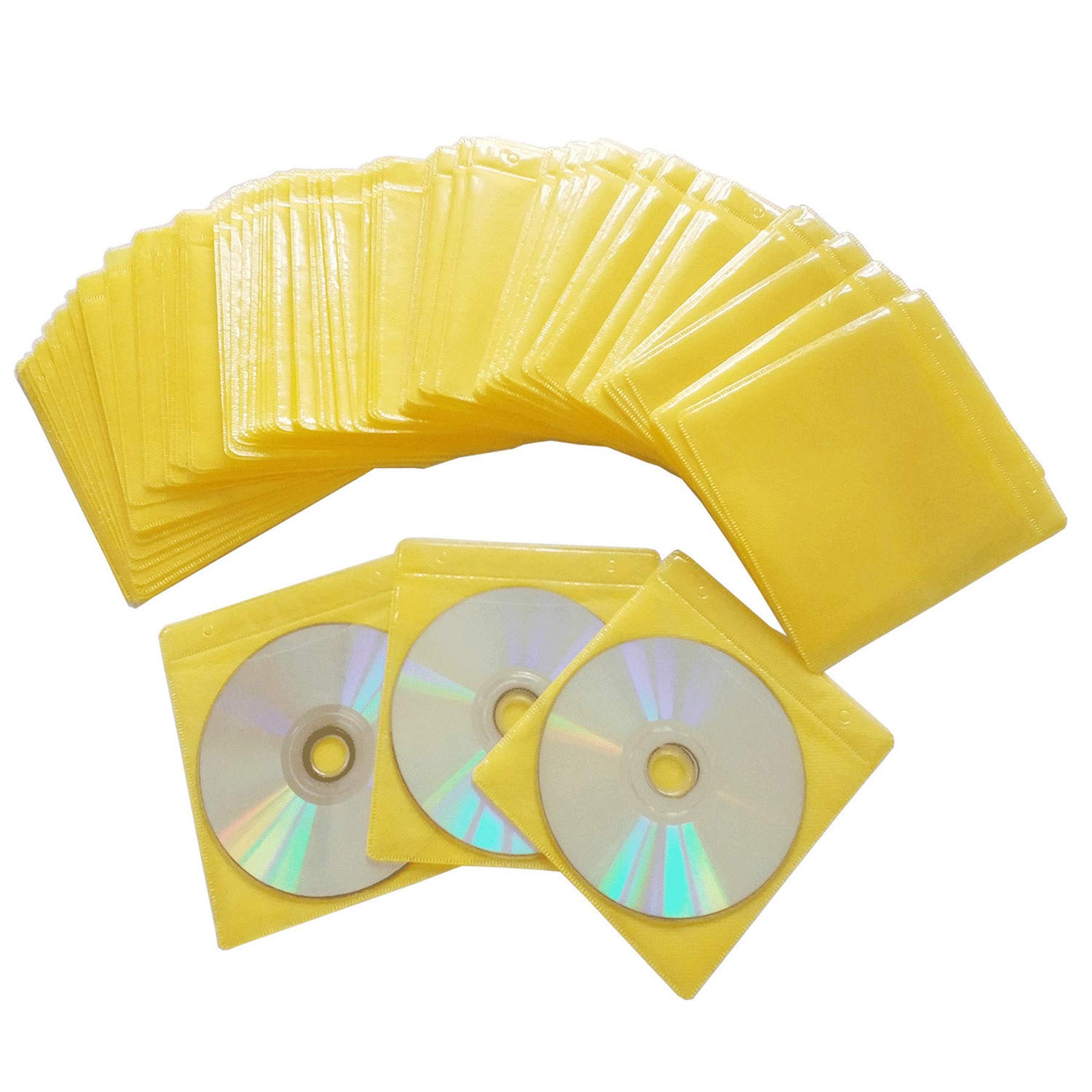 100 Pack Premium CD DVD Sleeves,Thick Non-Woven Material Double-Sided Refill Plastic Sleeve for CD and DVD Storage Binders Disc Case (Yellow)