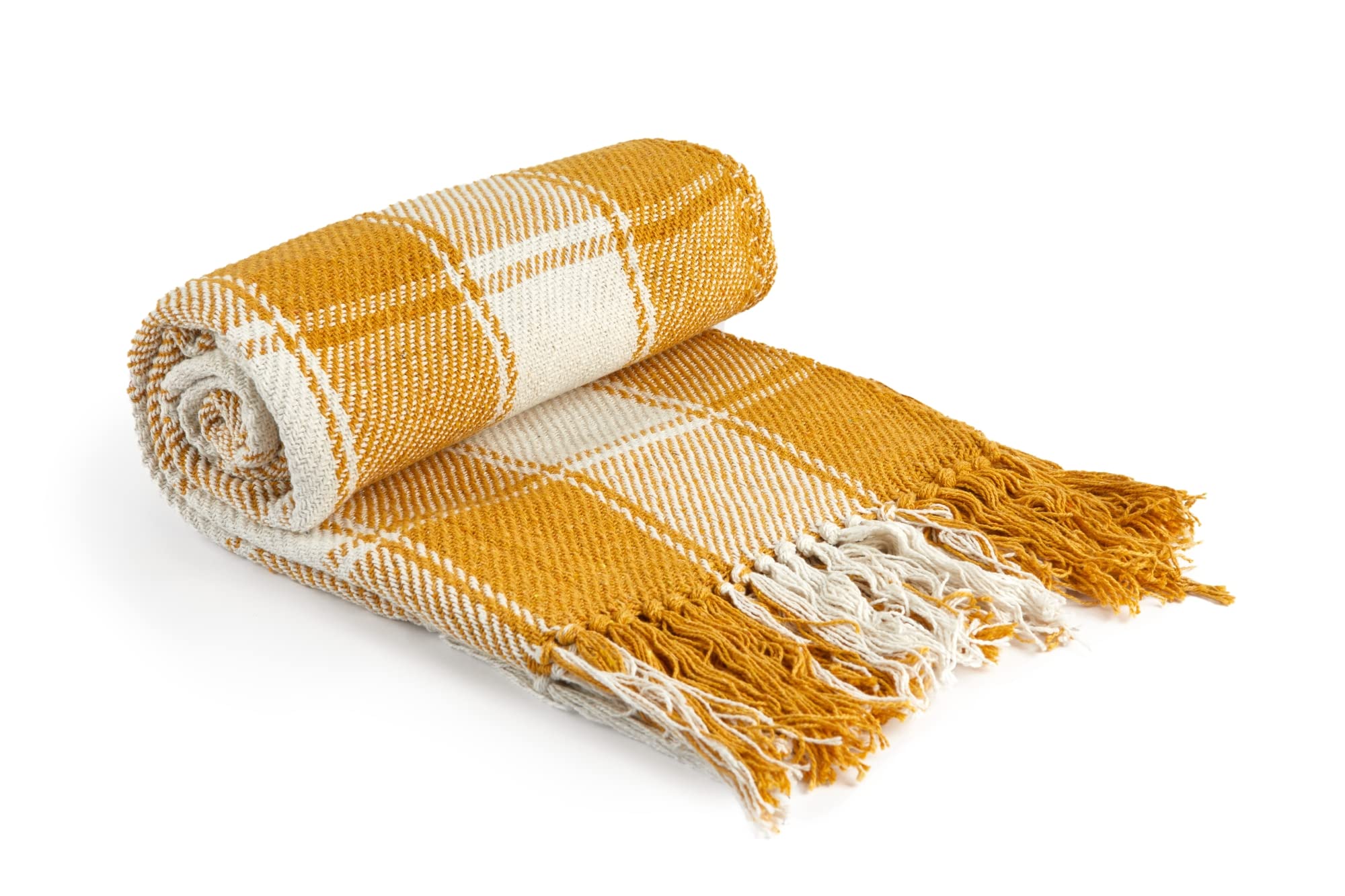 Emma Barclay Frisco - Recycled Cotton Traditional Check Chair Sofa Setee Throw Over Blanket in Ochre Yellow - 50x60 (127x152cm)