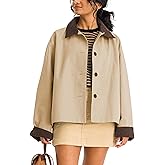 Lviefent Womens Contrast Collar Jacket Casual Button Down Long Sleeves Crop Trench Coat Outerwear with Pockets