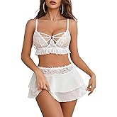 Avidlove Lingerie for Women Naughty Lace Bralette and Mini Skirt 3 Piece Lingerie Set Rave Outfits S-XXL