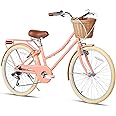 Glerc 20 24 26 Inch Beach Cruiser Bike, 6-Speed Hybrid City Bicycle for Girls Youth and Over 6 Years Old, Missy Bike with Wicker Basket & Lightweight, Multiple Colors