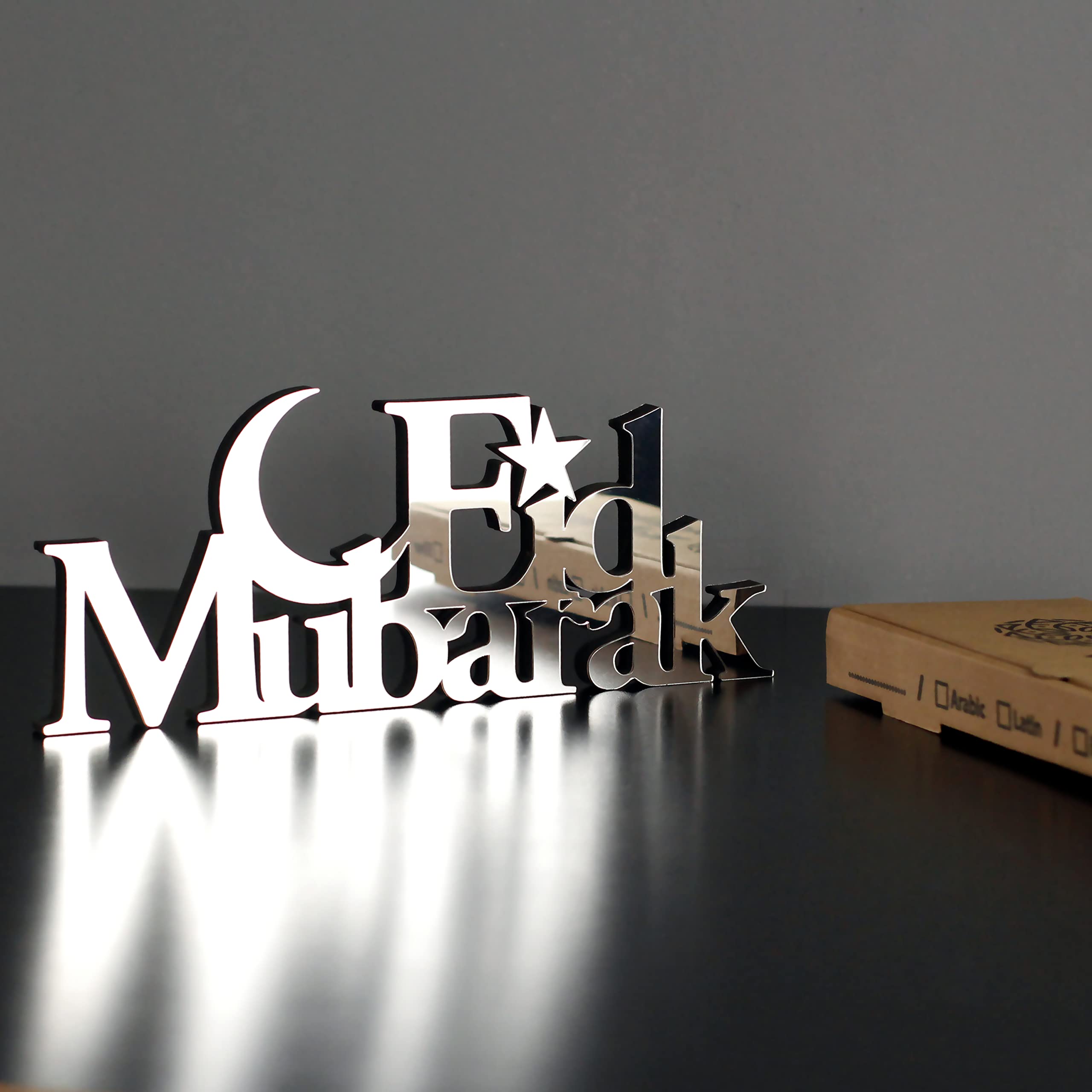 iwa concept | Wooden Acrylic Islamic Tabletop Decors | Ramadan Kareem and Eid Mubarak Decoration | Islamic Muslim Gifts | Ramadan Eid Decoration | (Eid Mubarak-4, Silver)