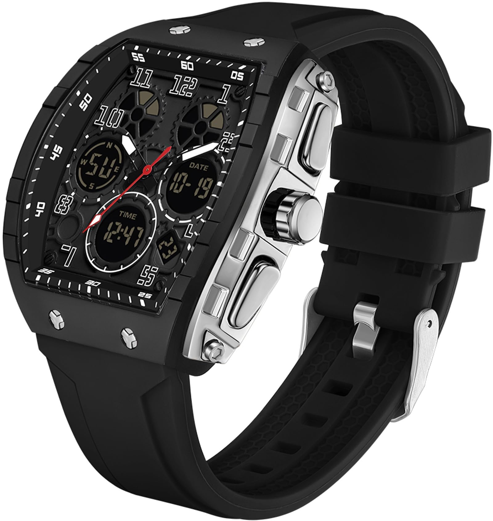 Photo 1 of Watches for Men Unique Rectangle Relojes para Hombres Black Wristwatch with Digital Analog Dual Time Display Countdown Stopwatch Punk Cool Design 5ATM Waterproof