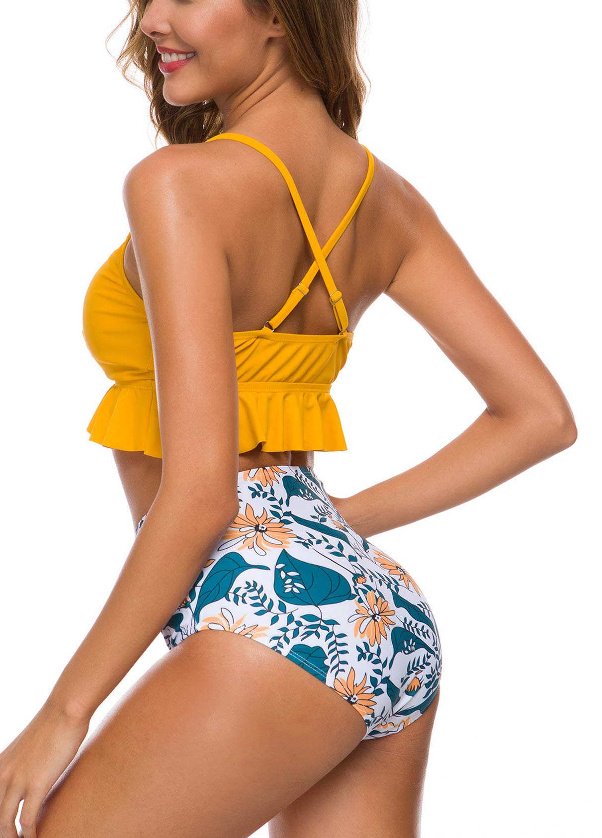 Two Piece Falbala Ruffle Bikini Set, Women\'s Yellow and Leaves Print Swimwear Bathing Suits, Yellow, XL