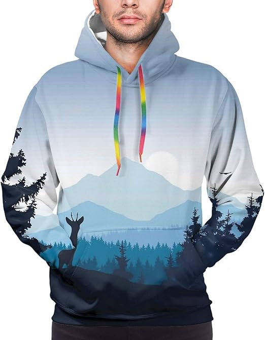 Mens Hooded Sweatshirt Grey Mountain Landscape with Forest Lightweight ...