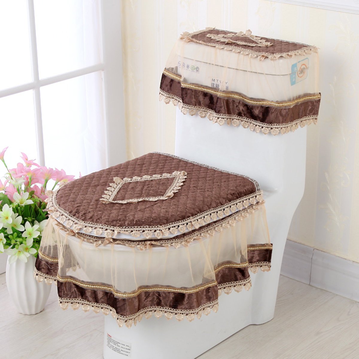Plush Toilet Seat Cushion Threepiece Zipper Water Tank Cover Lace