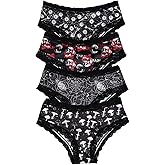 WDIRARA Women's 4 Pieces Gothic Lace Hipster Panties Set Low Rise Halloween Skull Underwear