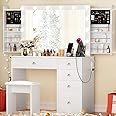 SMOOL Vanity Desk with Lights Mirror Power Outlet and Stool, Makeup Vanity Table with Sliding Drawers Space Saver, Lighting Color Brightness Adjustable, for Girls Women (White)