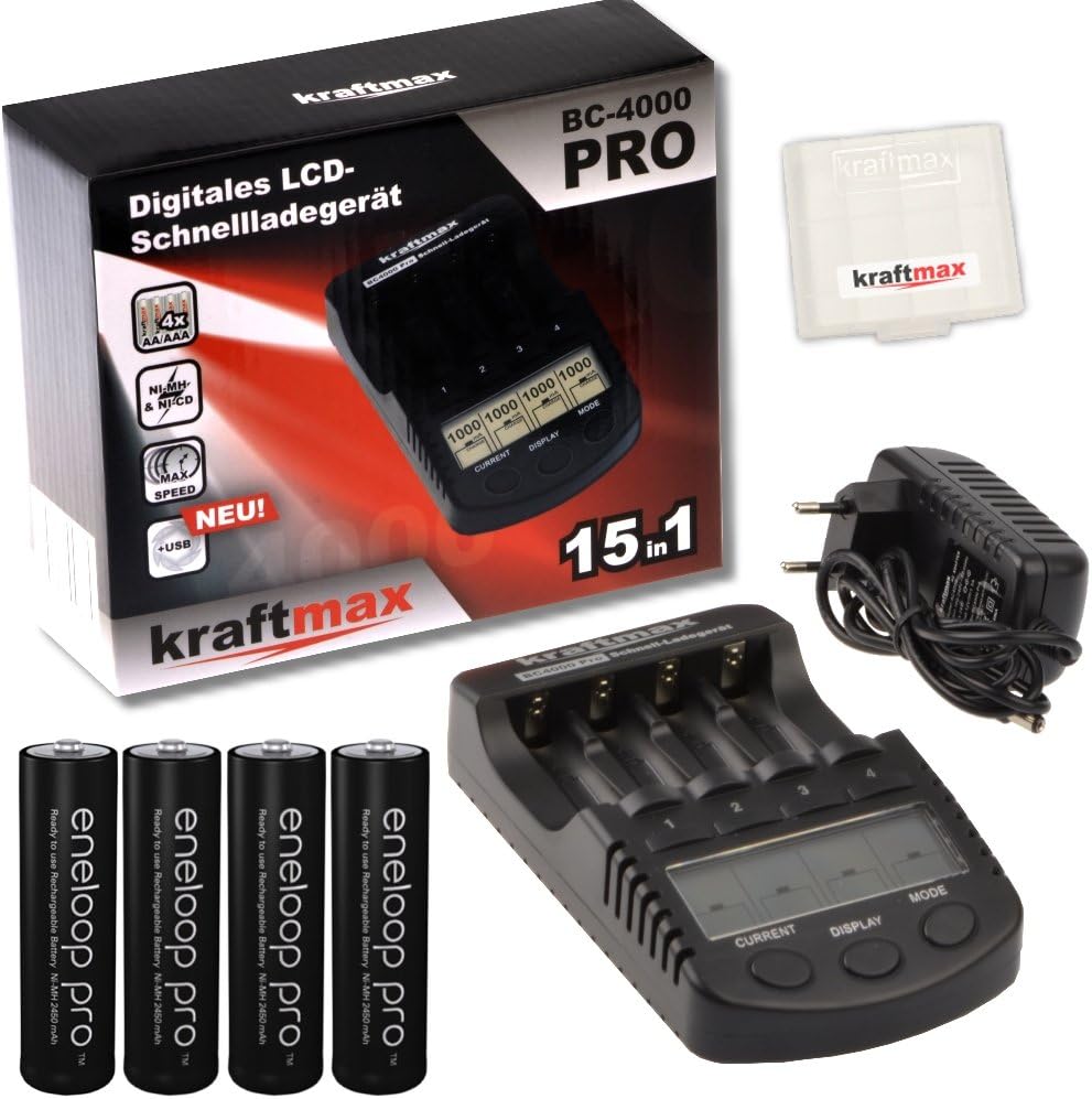 Kraftmax BC 4000 Pro Charger 4 Panasonic eneloop Pro XX AA/Mignon Batteries – LATEST GENERATION 2550 mAh High Performance Rechargeable batteries in Kraftmax Battery Box V5