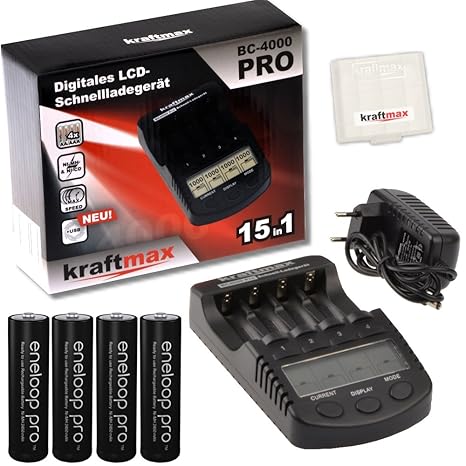 Kraftmax BC-4000 Pro Ladegerät und 4x Pansonic Eneloop PRO XX AA / Mignon Akkus - Neueste Generation - 2550 mAh Hochleistungs