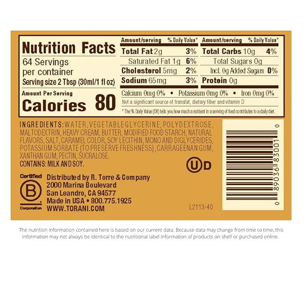 TORANI SUGAR FREE SAUCE, CARAMEL, 64 OUNCES