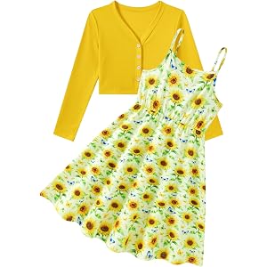 Enlifety Girls Dress with Cardigan 2 Piece Sundress Outfits Size 5-12 | Adjustable straps dress long sleeve knit cardigan set