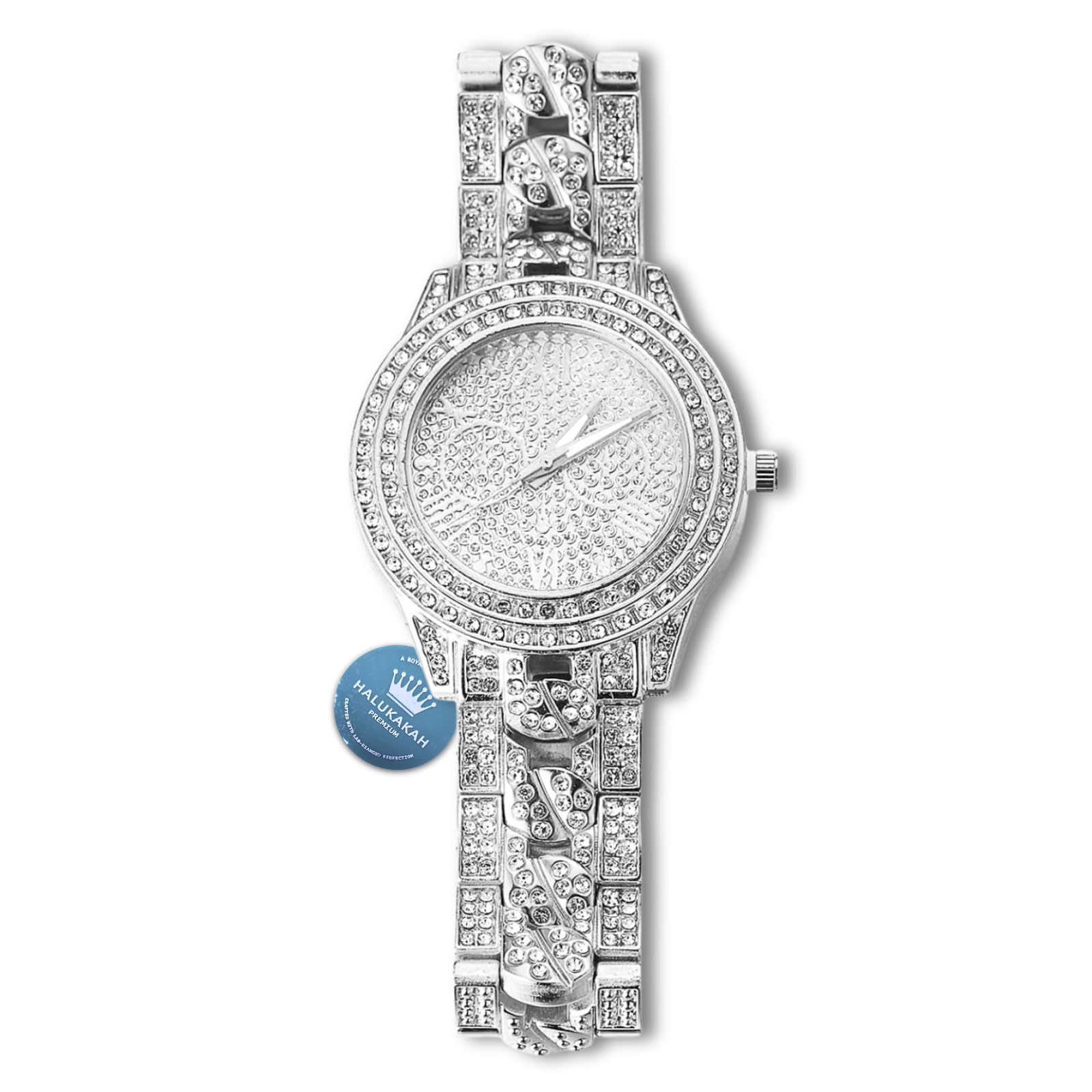 HALUKAKAH Gold Watch Iced Out,Men's Platinum White Gold Plated Cuban Chain Inserted Band Quartz Wristband 9.5"(24cm),Full Cz Diamonds,Free Giftbox