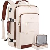 MOSISO 40L Travel Backpack for Women&Men, Flight Approved Carry on Daypack with USB Charging Port&2 Packing Cubes&Shoes Compartment, 17.3 inch Laptop Backpack for Office Work Travel Essentials, Beige