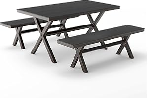 Cozyman 3 Pieces Patio Table Set, HDPS and Aluminum Material, Outdoor Dining Table Set with 2 Benches, Weather Resistant, Modern X-Leg Dining Table and Chairs for Yard, Garden, Kitchen, Black