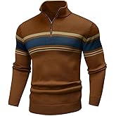 Wizoat Mens Sweater Quarter Zip Sweater Casual Striped Long Sleeve Fall Winter Warm Polo Pullovers
