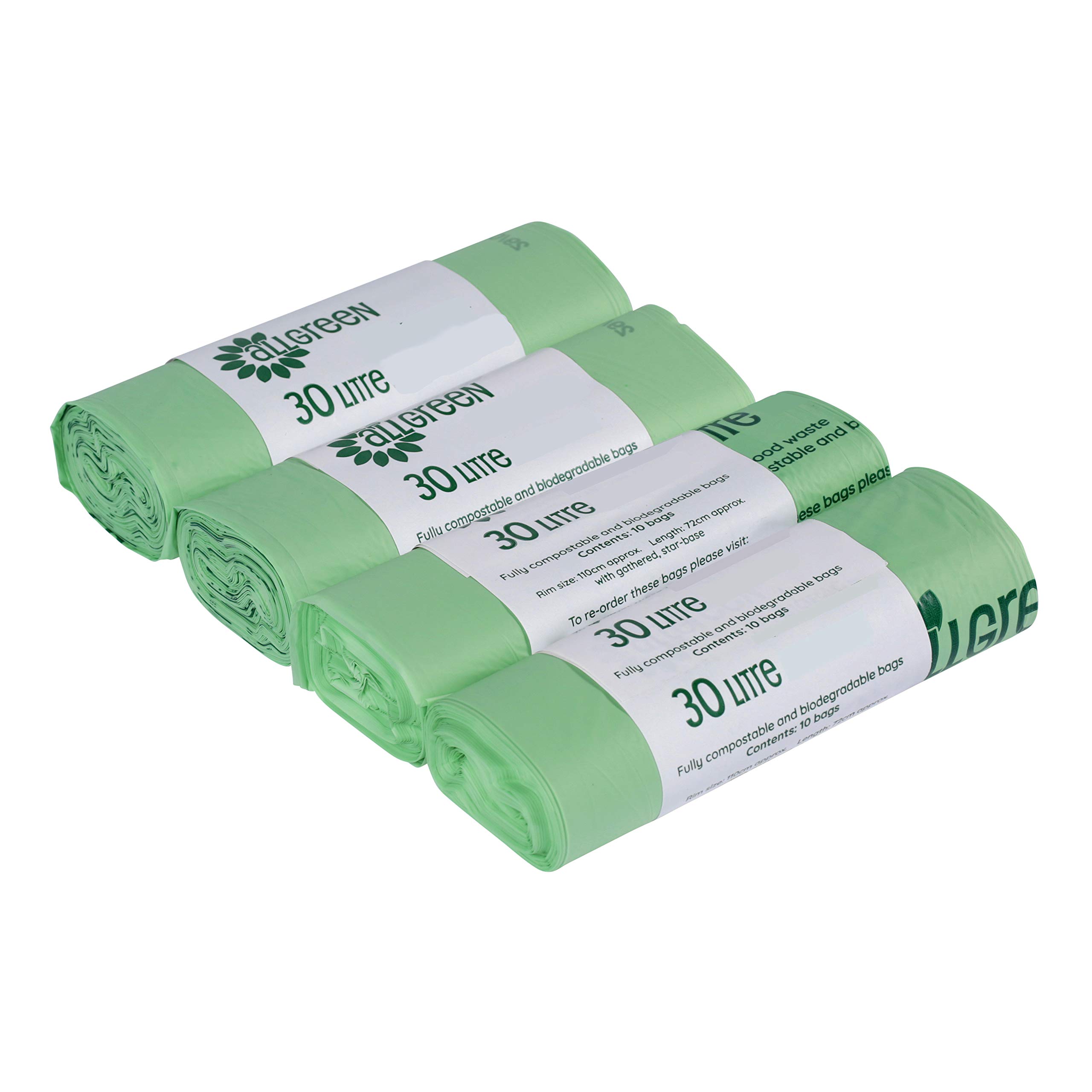30 Litre x 40 All-Green Compostable Bags - Kitchen Kerbside Caddy Liner - Food Waste Bin Liners - EN 13432-30L Bags with Composting Guide