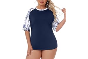 Koscacy Women's Plus Size Rash Guard Swim Shirt Short Sleeves UPF 50+ Swimwear Workout Tops 1X-5X
