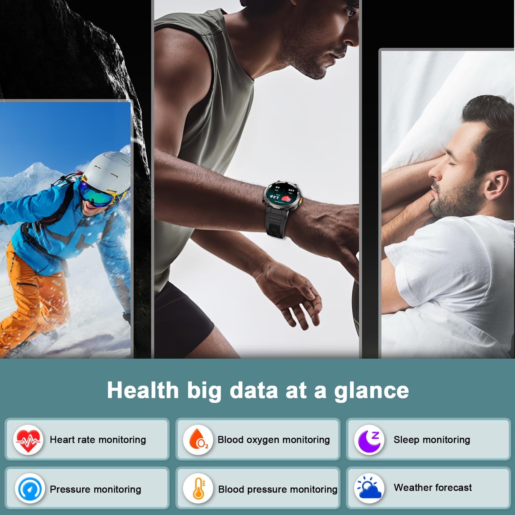 Military Smart Watch for Men（Bluetooth Calling）, Fitness Watch with Flashlight,Compass,960mAh Battery,120+ Sports,SpO2 Heart Rate Sleep Monitor,Step Counter,IP68 Waterproof Smartwatch for iOS Android