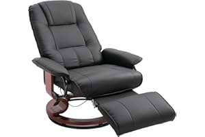 HOMCOM Faux Leather Manual Recliner, Adjustable Swivel Lounge Chair with Footrest, Armrest and Wrapped Wood Base for Living Room, Black