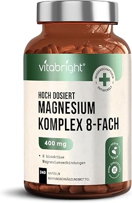 Magnesium Komplex 8-in-1 hochdosiert 400mg | 240 vegane Kapseln | 4 Monate Vorrat | Magnesium Malat, Bisglycinat, Citrat, Taurat Ohne Zusatzstoffe | Laborgeprüft | VitaBright