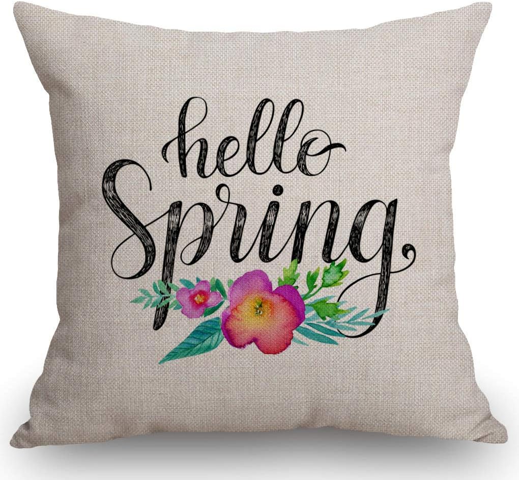 SSOIU Hello Spring Throw Pillow Cover, Watercolor Flowers Cotton Linen Outdoor