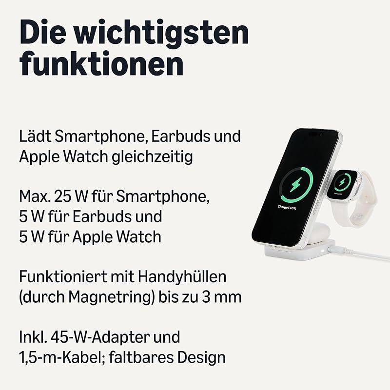 MagSafe-Ladestation, Qi2.2-Zertifiziertes Kabelloses 3-in-1-Ladegerät, 25W, Faltbarer Ständer für iPhone 17/16/15/14/13/12, Apple Watch & AirPods, Inkl. 45W-Adapter, Weiß