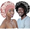 Adubor Silk Bonnet for Sleeping Women Men - Larger Double Layer Satin Bonnets - Non-Slip Silk Turban - Hair Bonnet for Sleeping - Sleep Cap for Curly Hair (Black+Pink)