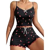 Sewius Women's Cami Pajamas Set Strawberry Print Lace Trim Cami Top and Shorts Ribbed Cute Sleepwear