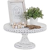 Hanobe White Wood Cake Stand: Cupcake Pedestal Stand 12 inch Dessert Display Riser Rustic Round Cakes Holder Tray Vintage Beads Wooden Plate for Christmas Wedding Birthday Decor